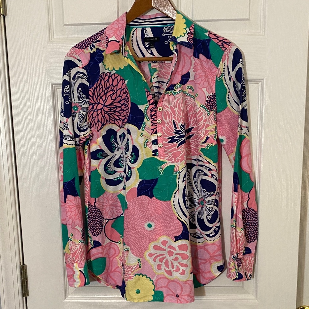 Talbots Vintage woman’s Small floral button down  100% cotton top shirt Miami